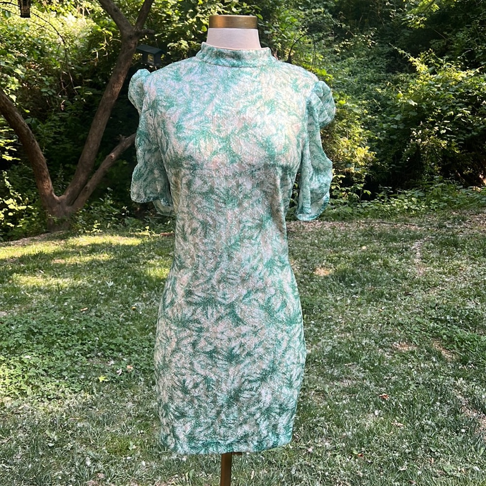 cocktail dress size 12 Badgley Mischka white green Sequin Palm Puff Sleeve - Picture 10 of 13